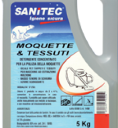 MOQUETTE & TESSUTI 
Detergente igienizzante profumato per la pulizia di moquette, tappeti e tessuti, mediante l’impiego di macchina ad iniezione/estrazione. Pulisce a fondo eliminando anche lo sporco più ostinato rispettando le fibre ed i essuti. Rimuove gli acari. Utilizzare puro come smacchiatore.

Campo d’impiego: tutti i pavimenti in moquette, tappeti, interni auto, superfici essili.
Dosaggio: 1% - 3%. ca. 1-2 tappi per 5 litri d’acqua.