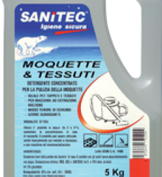 MOQUETTE & TESSUTI 
Detergente igienizzante profumato per la pulizia di moquette, tappeti e tessuti, mediante l’impiego di macchina ad iniezione/estrazione. Pulisce a fondo eliminando anche lo sporco più ostinato rispettando le fibre ed i essuti. Rimuove gli acari. Utilizzare puro come smacchiatore.

Campo d’impiego: tutti i pavimenti in moquette, tappeti, interni auto, superfici essili.
Dosaggio: 1% - 3%. ca. 1-2 tappi per 5 litri d’acqua.